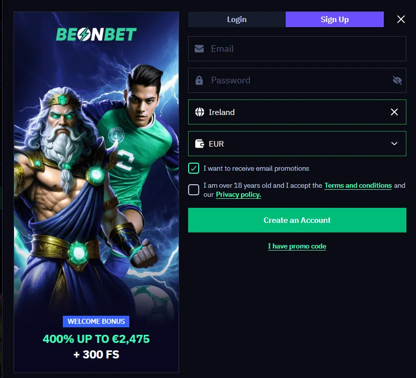 Beonbet Casino account registration form